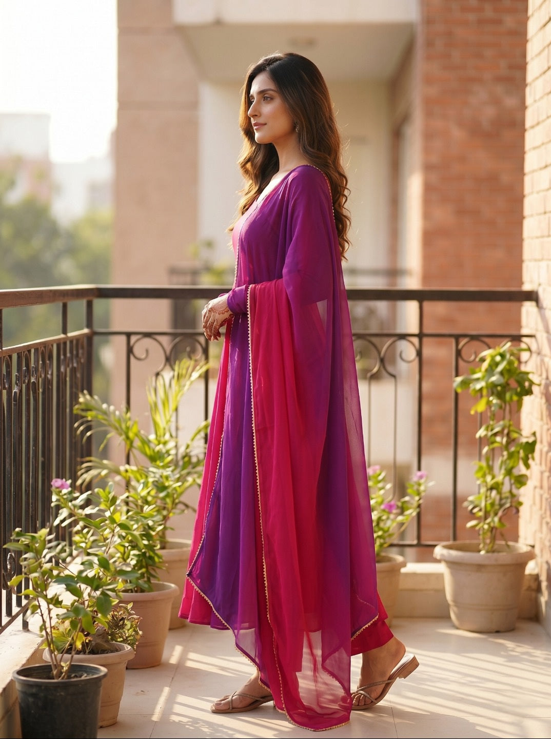 Women Fox Georgette Fully Flared Anarkali Kurta Set with Dupatta & Pants
