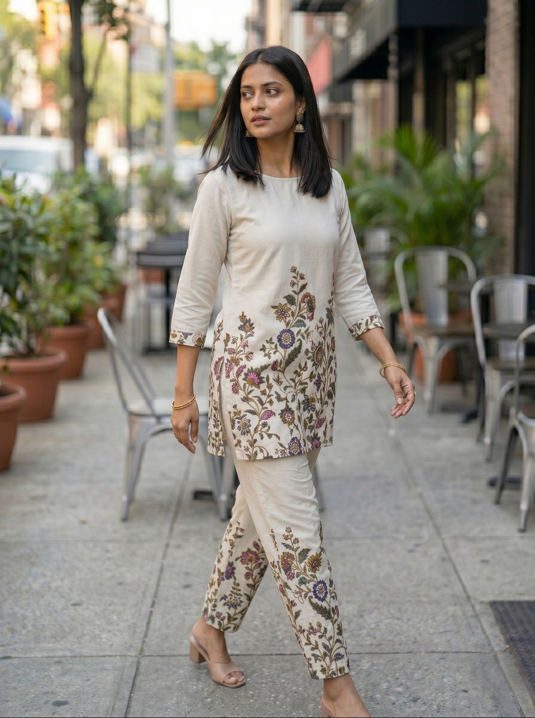 Women Off-White Floral Printed Khadi Cotton Co-Ord Set with Straight Kurta & Trousers