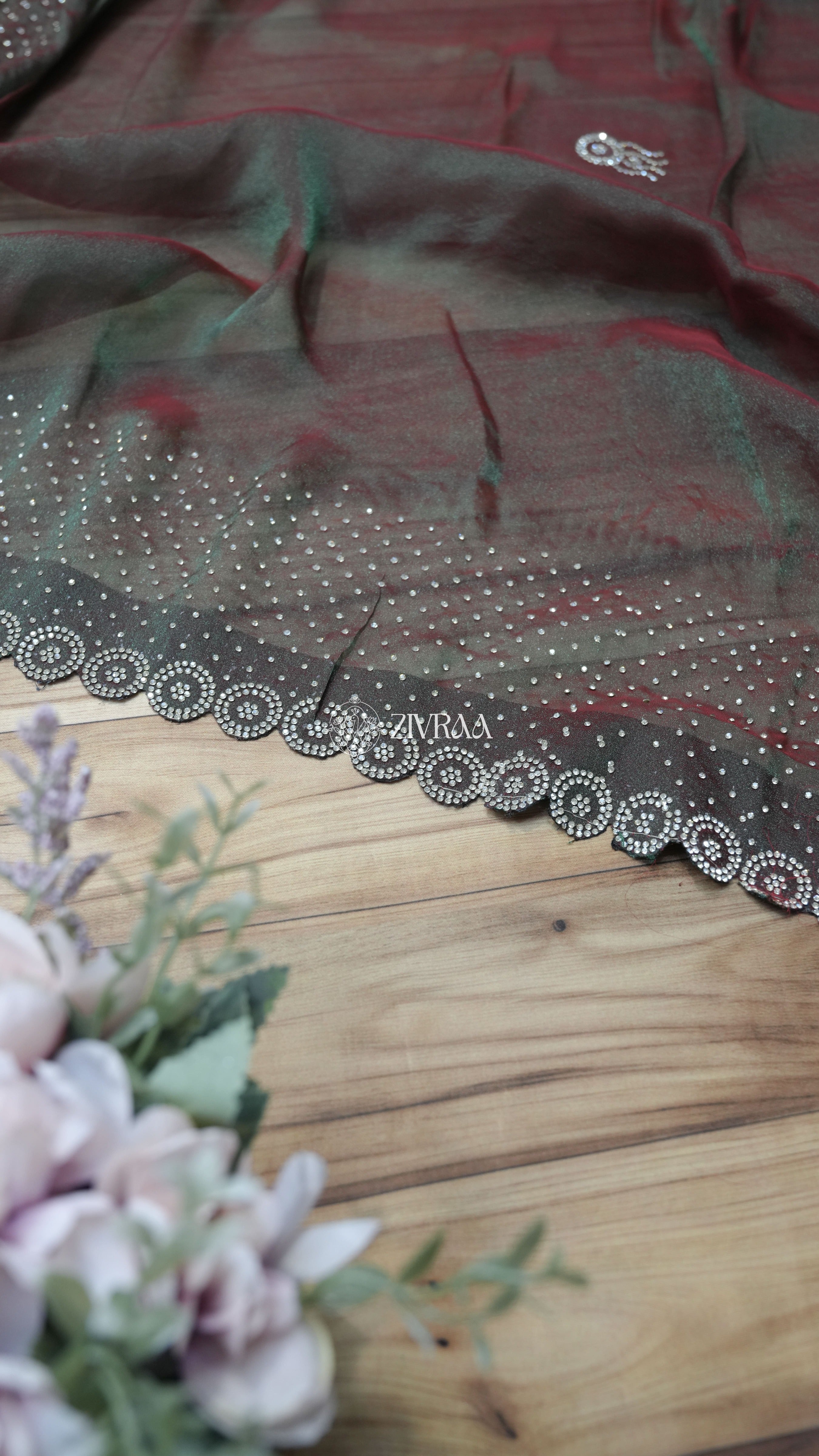 Elegant Copper shade Shimmer Saree with Crystal Stone Work Border