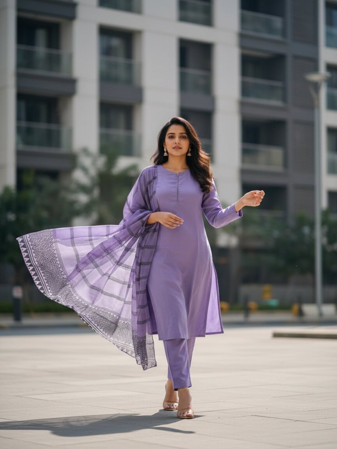 Purple 3 Piece Kurta Set for Women with Printed Dupatta | Elegant Straight Kurti Pant Set | Office Wear, Festive Wear & Daily Wear Ethnic Suit