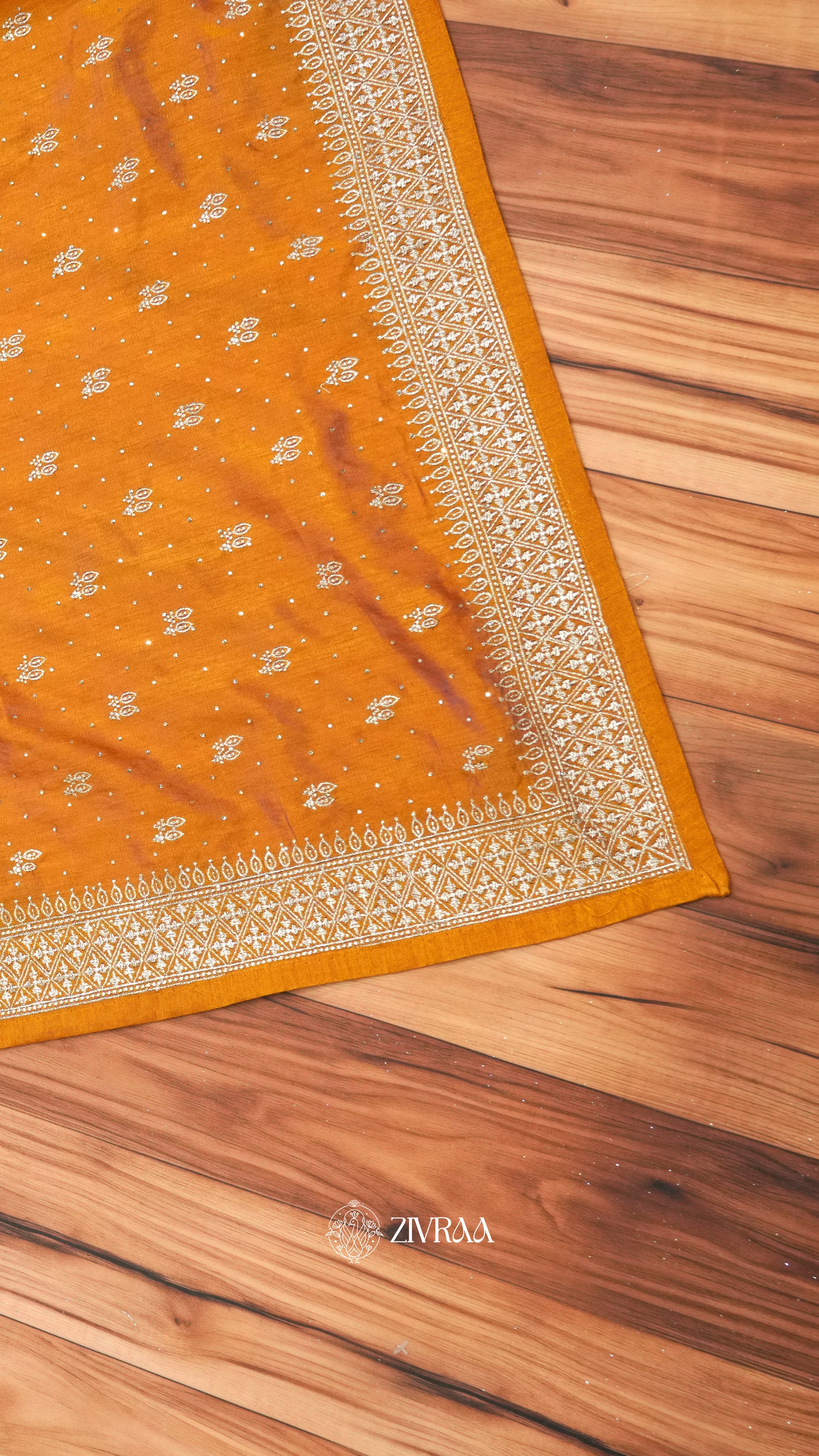 Mustard Orange Embroidered Saree with Silver Zari Border – Elegant Festive Wear Saree