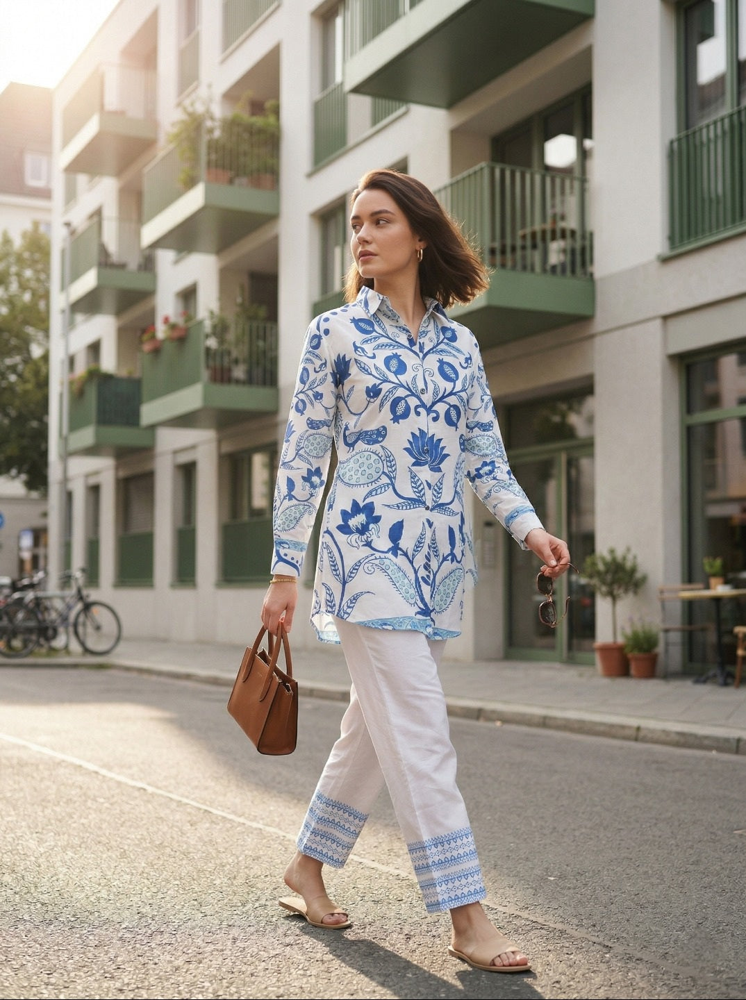 Women White & Blue Printed Rayon Slub Co-Ord Set | Stylish Kurta Pant Set for Office & Casual Wear