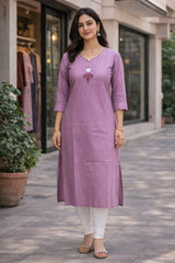 Women's Mauve Solid Straight Kurti with Embroidered Neck | Elegant Ethnic Kurta for Women | Casual & Office Wear Stylish Kurti