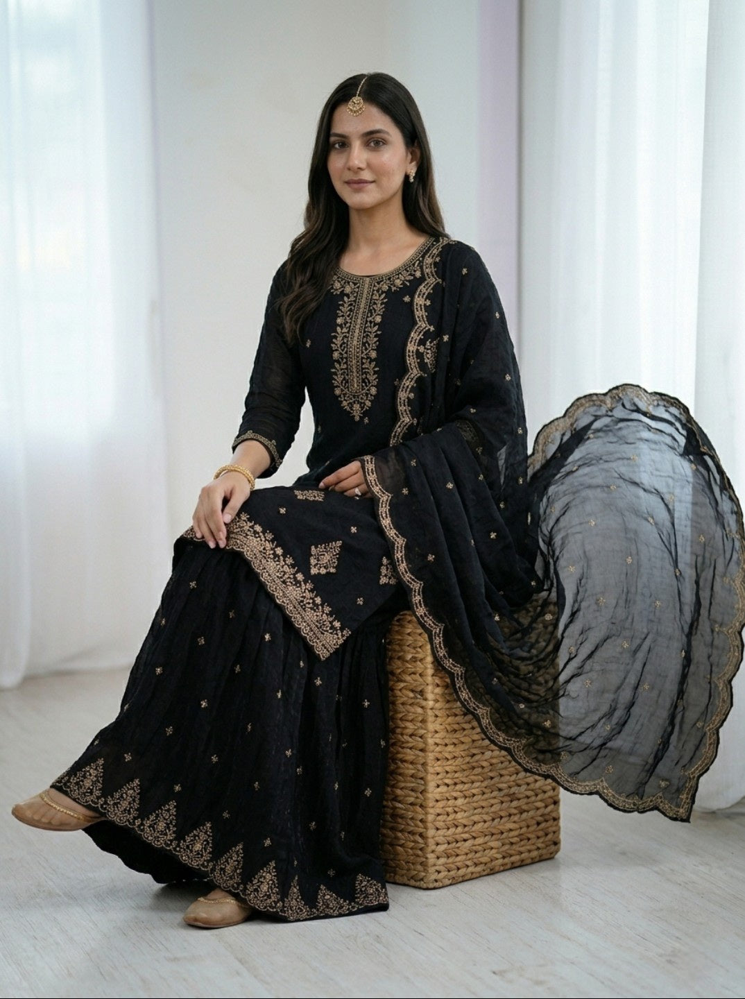 Black Embroidered Kurta Sharara Set with Dupatta | Heavy Crunchy Silk Festive Wear | Designer Ethnic Suit for Women