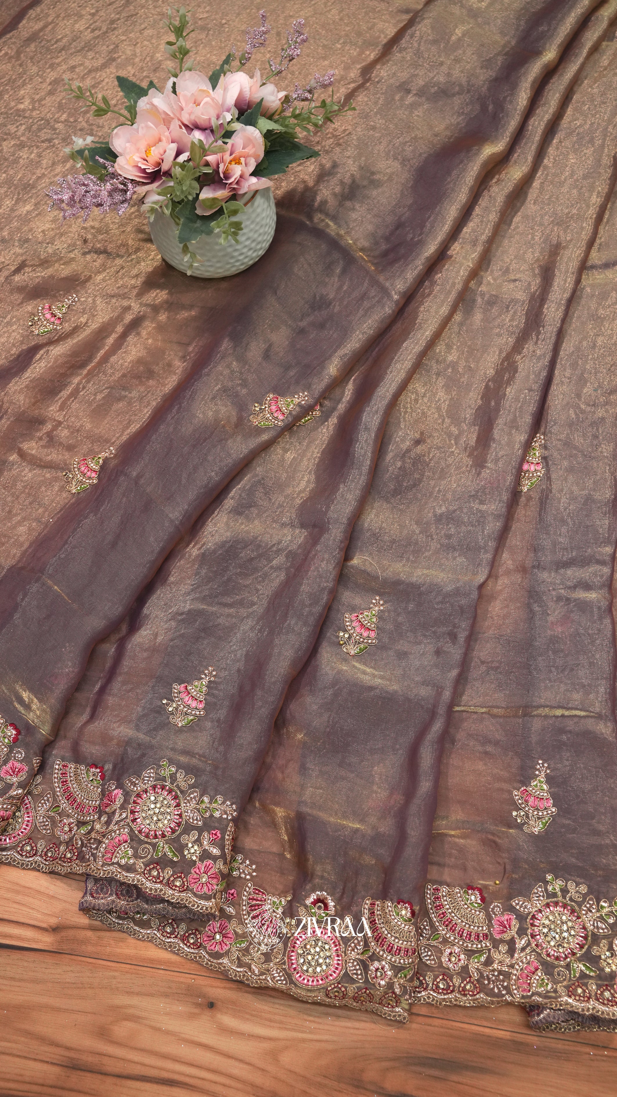 Elegant Lavender Grey Embroidered Organza Saree with Heavy Floral Zari Border