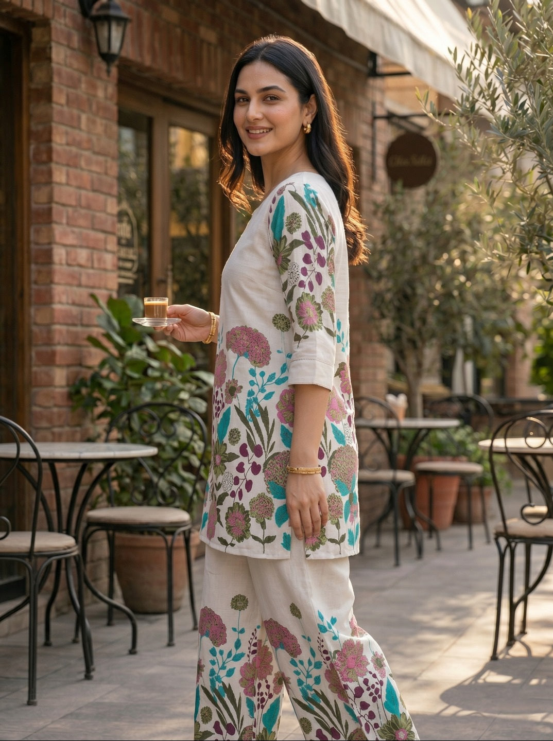 Women Off-White Multicolor Floral Printed Khadi Cotton Co-Ord Set with Straight Kurta & Trousers