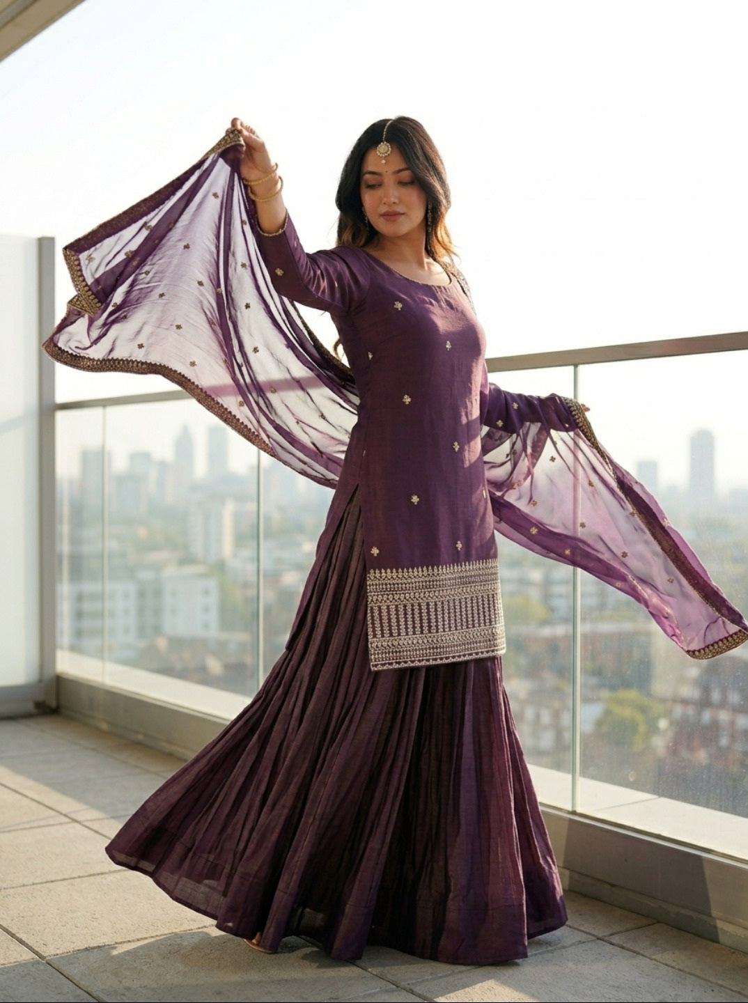Purple Roman Shimmer Chanderi Silk Embroidered Kurta Sharara Set With Dupatta | Festive Ethnic Wear For Women
