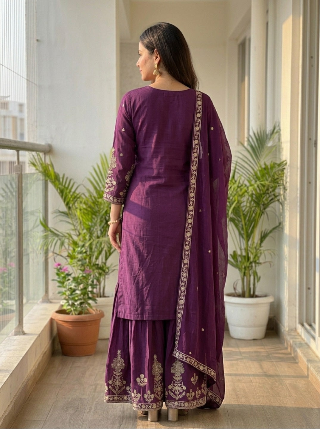 Purple Embroidered Chinnon Silk Kurta Set with Sharara & Dupatta | Festive 3-Piece Ethnic Set for Women