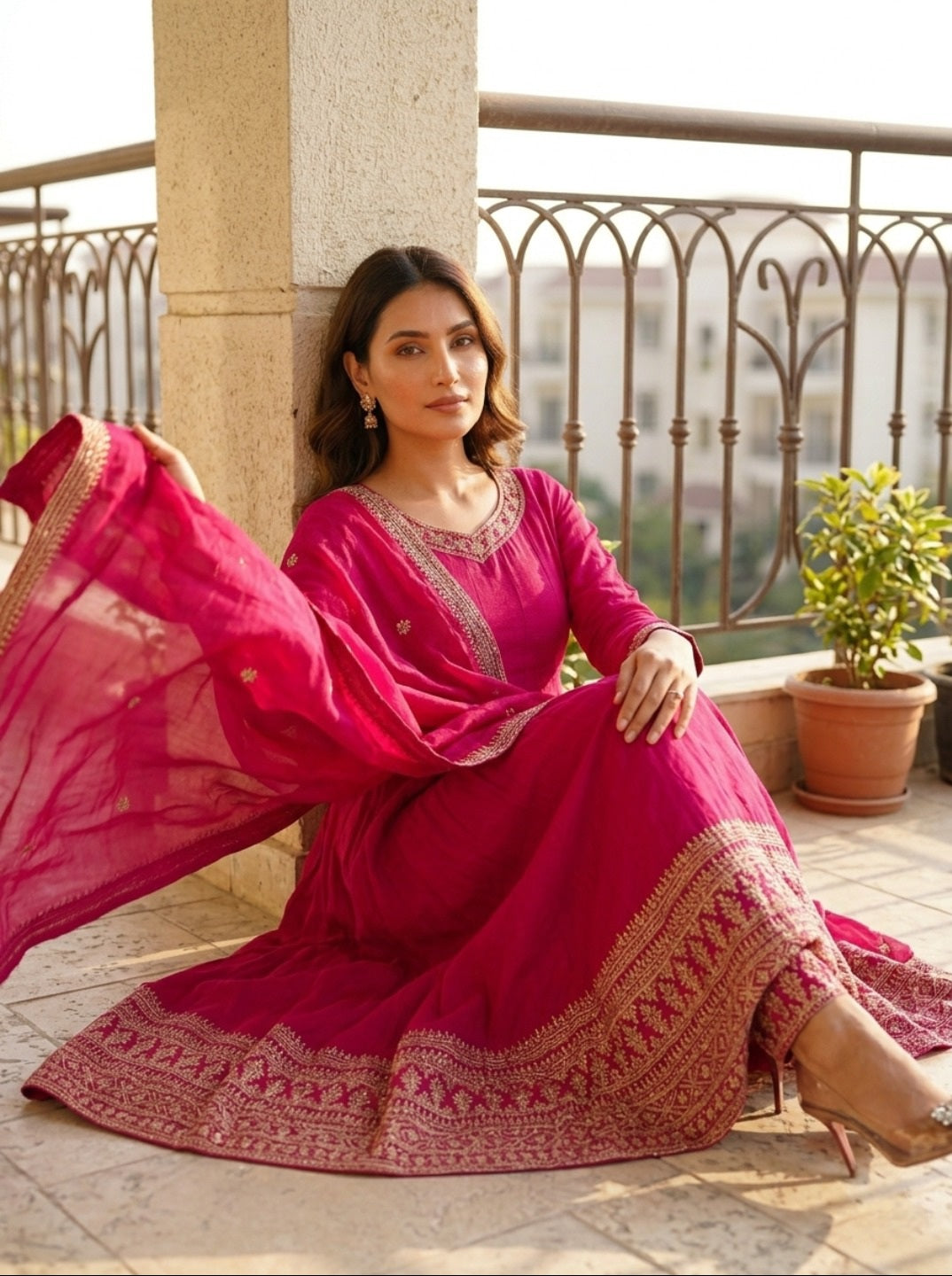 Women Darkpink Vichitra Silk Embroidered 3 Piece Kurta Set with Dupatta | Festive & Party Wear Ethnic Set