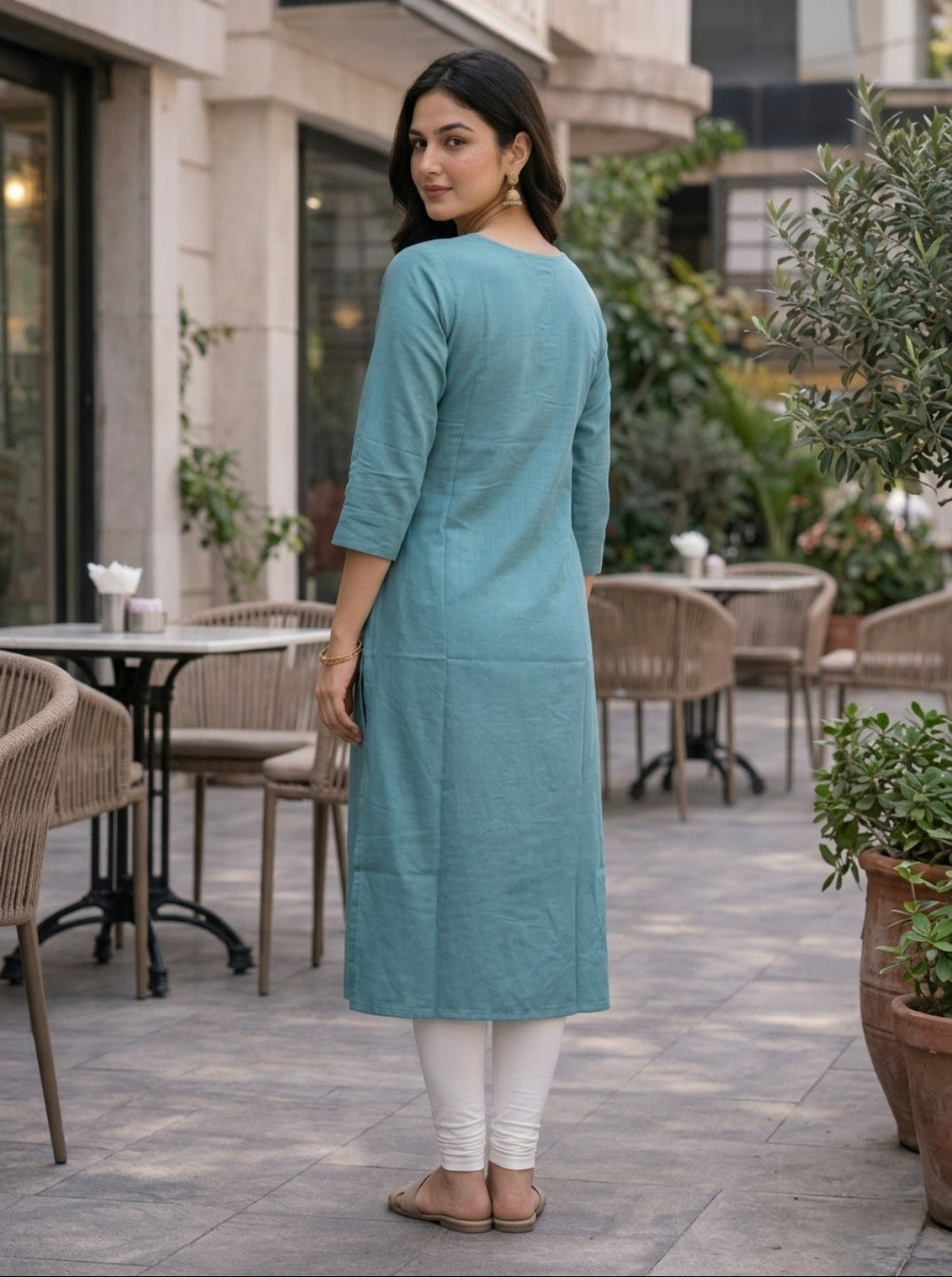Firozi Rayon Slub Embroidered Straight Kurti for Women | Casual & Ethnic Wear