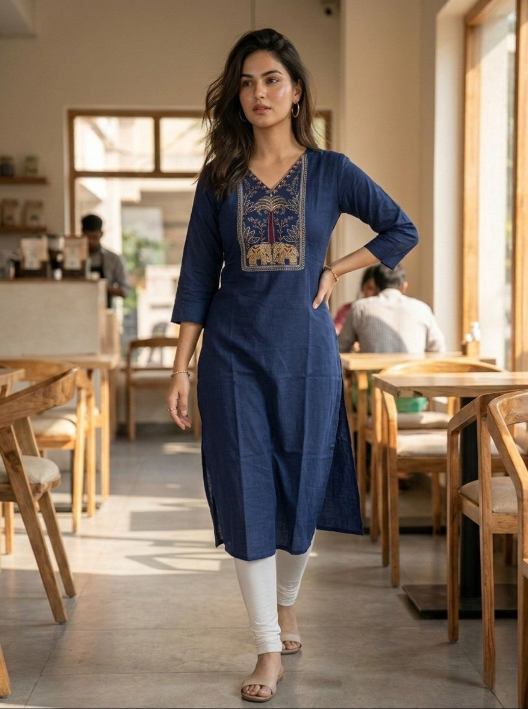 Navy Blue Rayon Slub Embroidered Straight Kurti for Women | Ethnic Casual Wear
