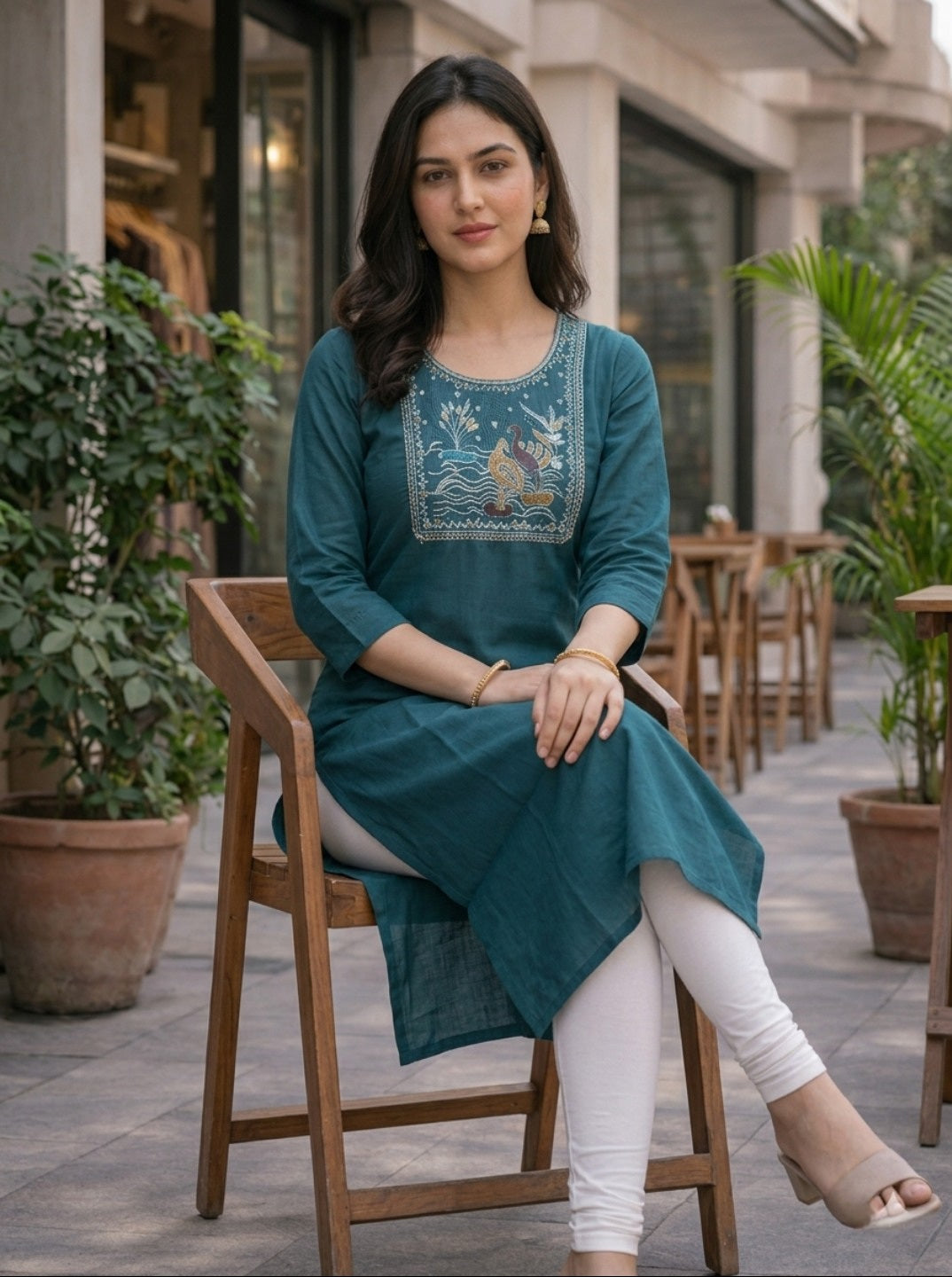 Stylish Teal Green Rayon Slub Embroidered Straight Kurti for Women | Casual Ethnic Wear