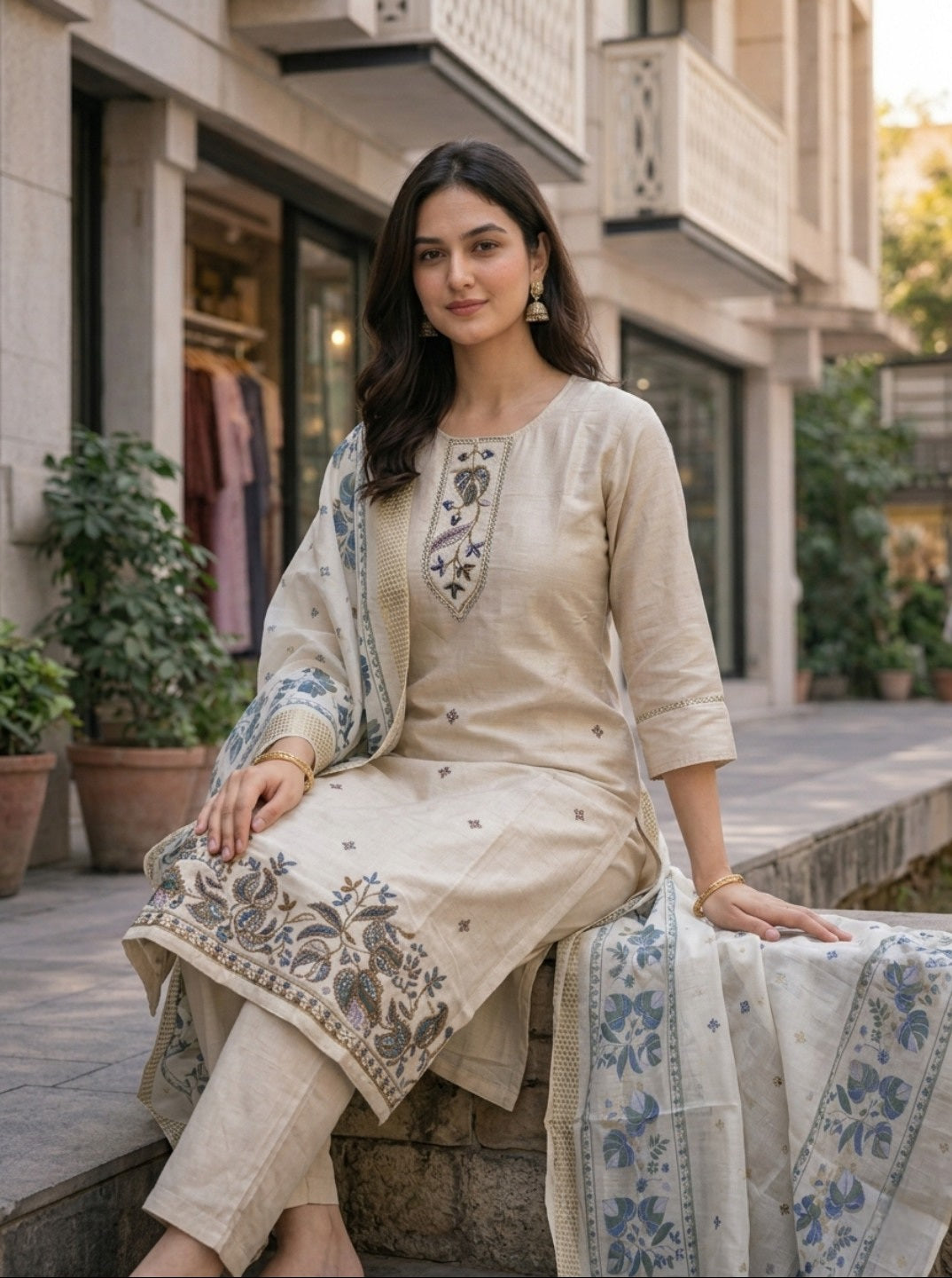 Women Offwhite Embroidered Vartican Silk Kurta Set With Dupatta | Ethnic 3 Piece Festive Suit Set