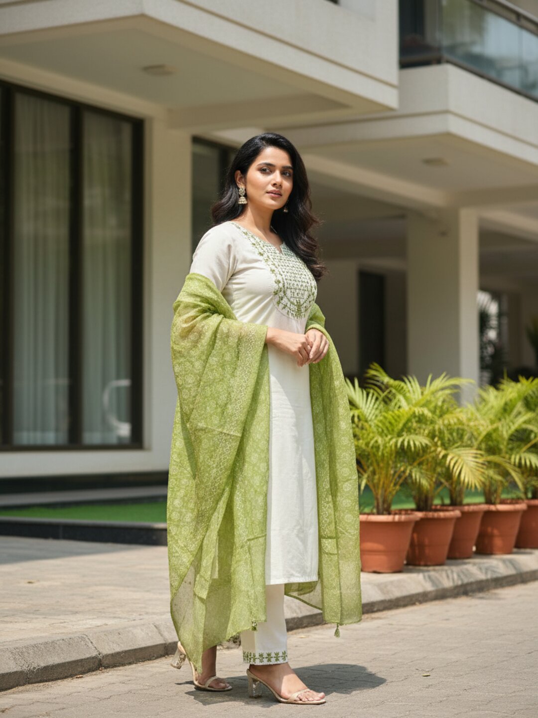 Off White & Olive Green 3 Piece Kurta Set for Women with Dupatta | Elegant Embroidered Kurti Pant Set | Festive Wear, Office Wear & Traditional Ethnic Suit