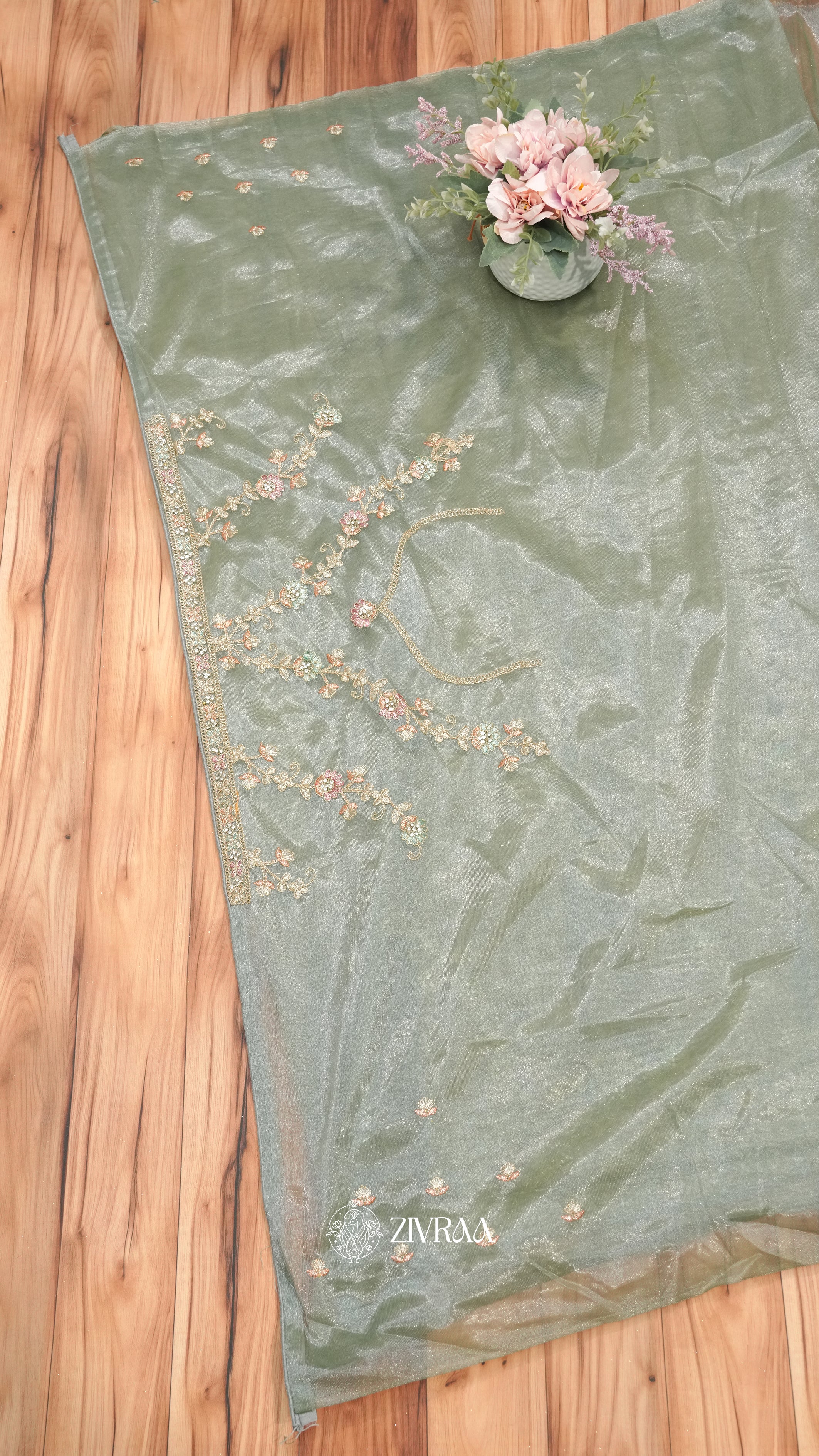 Sage Green Shimmer net Saree with Floral Embroidery & Heavy Designer Border