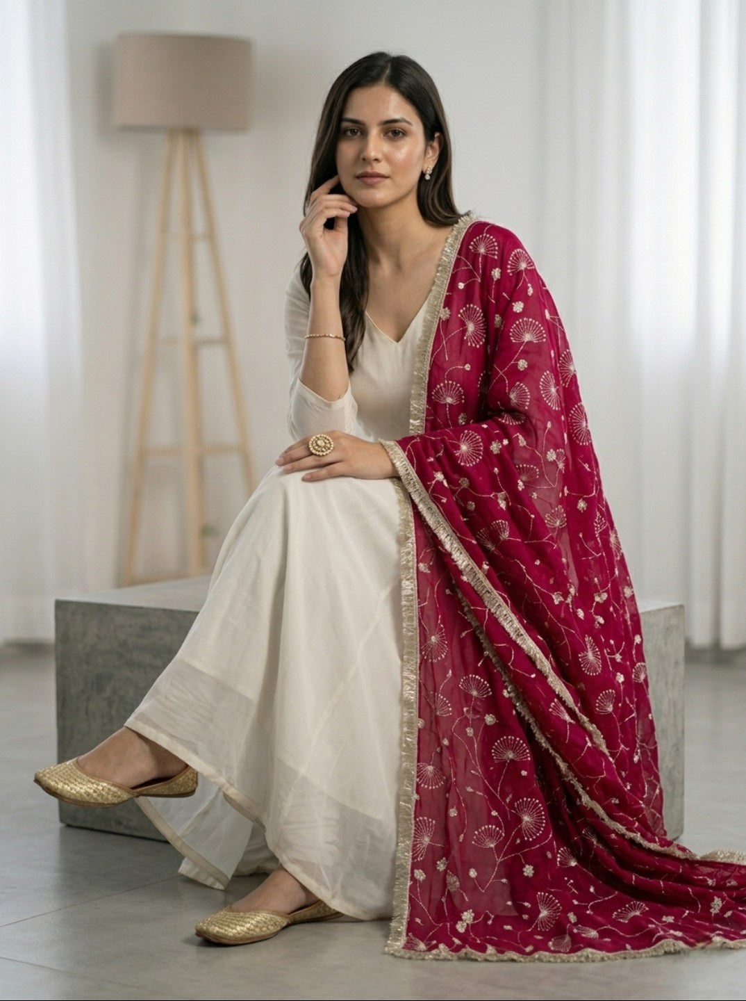 Off White Anarkali Kurta Set with Red Embroidered Dupatta | Vichitra Silk Fully Flared Gown with Pant | Festive & Wedding Wear for Women