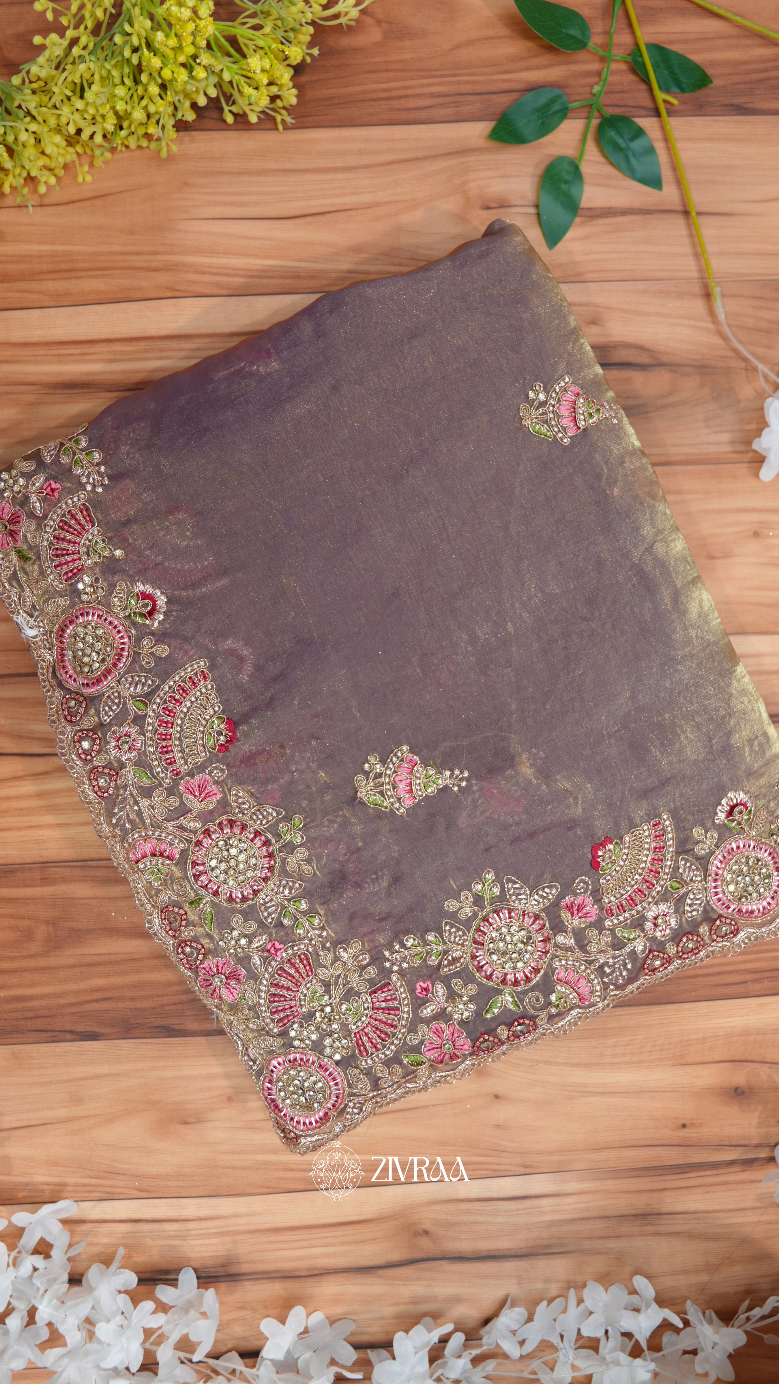 Elegant Lavender Grey Embroidered Organza Saree with Heavy Floral Zari Border