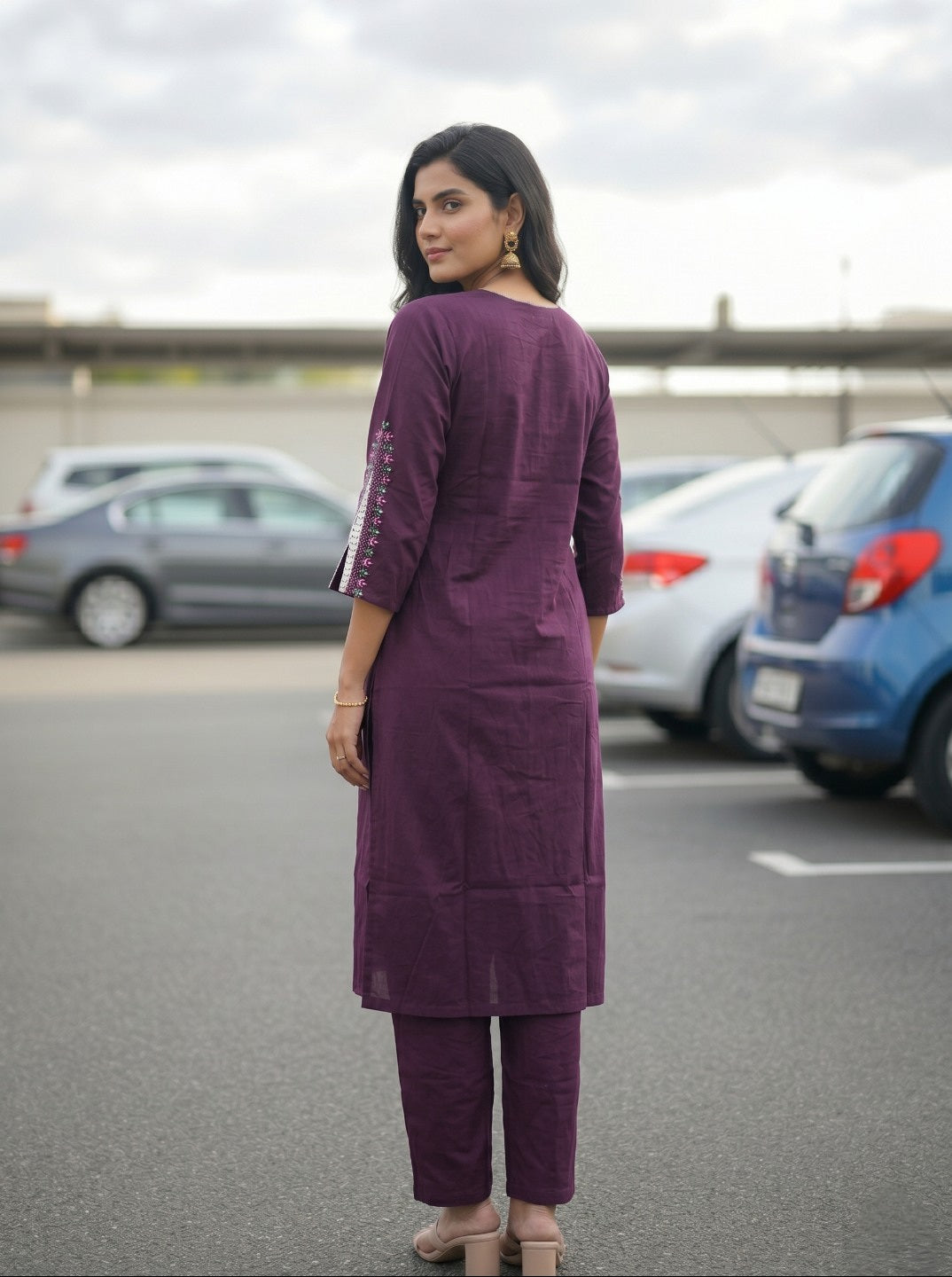 Royal Wine Cotton Embroidered Kurta Pant Set | Elegant Ethnic Cotton Kurta Set for Daily & Festive Wear