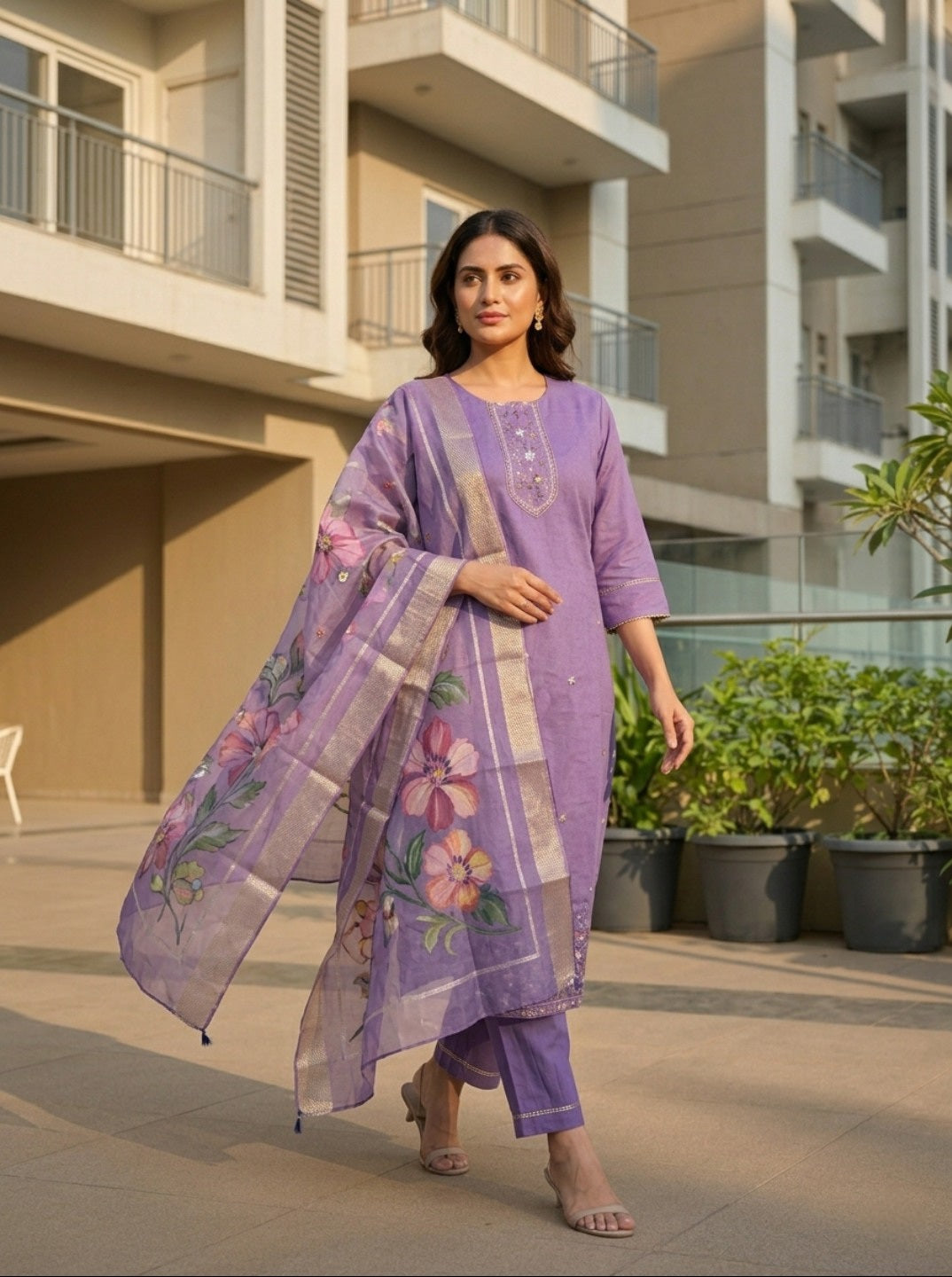 Lavender Roman Silk Embroidered Kurta Pant Set with Floral Organza Chanderi Dupatta | Elegant Ethnic Wear for Women