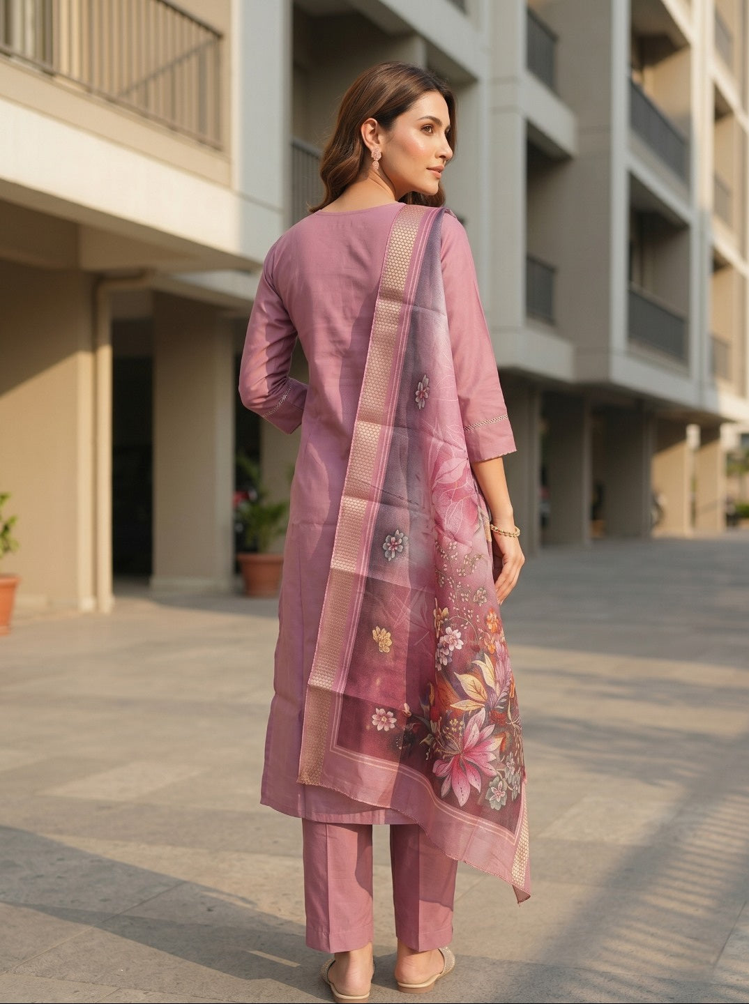Pink Roman Silk Embroidered Kurta Pant Set with Floral Organza Chanderi Dupatta | Premium Ethnic Wear for Women