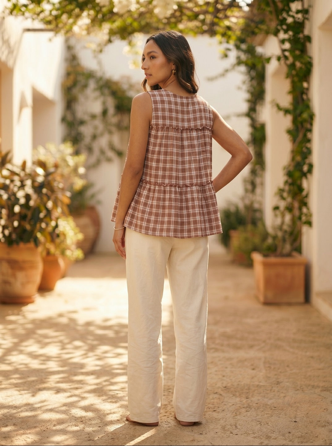 Women's Premium Linen Cotton Co-Ord Set | Sleeveless Checked Summer Co-Ord Set with Relaxed Pants | Casual Chic Everyday Wear