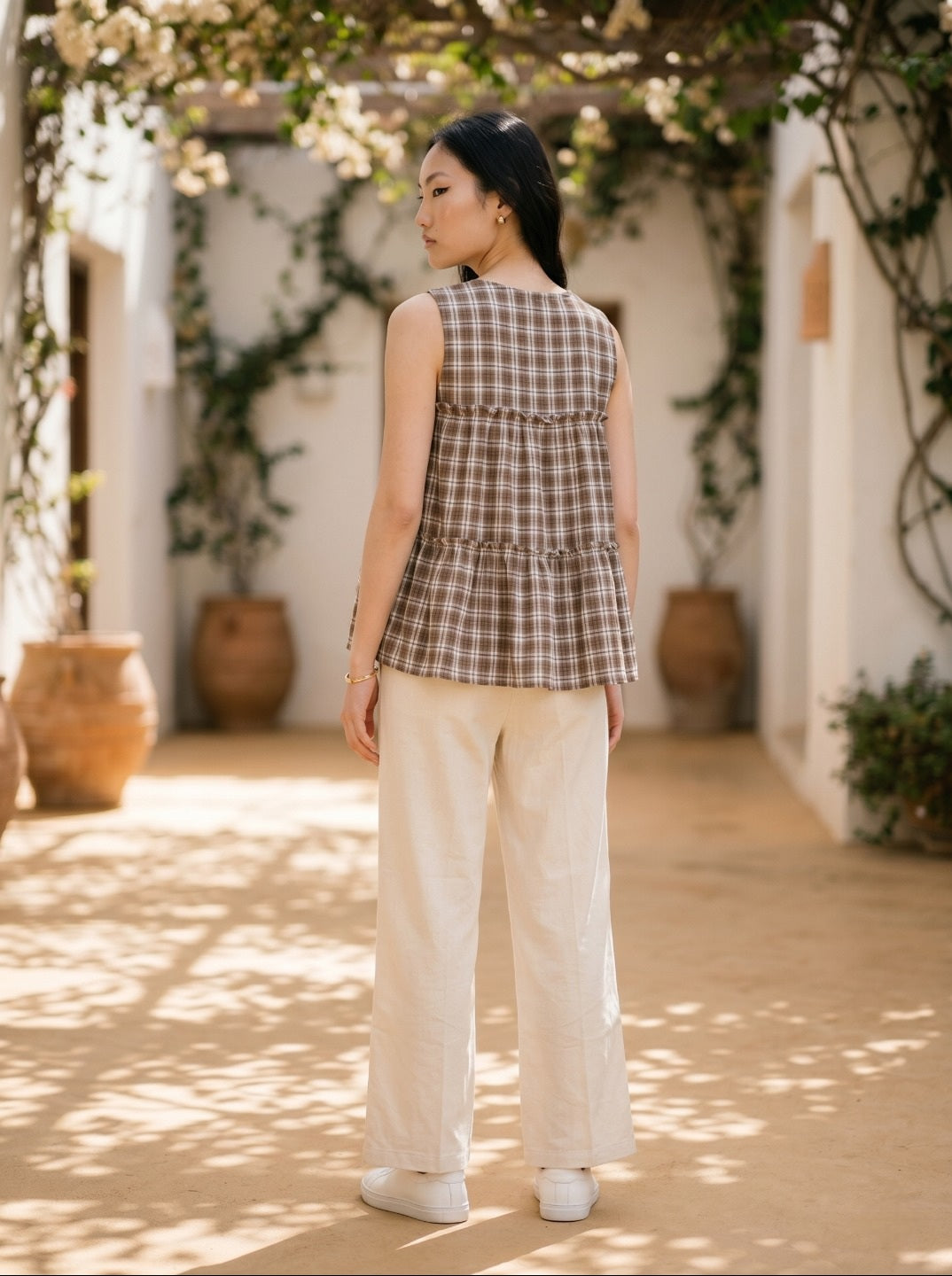 Women's Premium Linen Cotton Co-Ord Set | Sleeveless Checked Summer Co-Ord Set with Relaxed Pants | Casual Chic Everyday Wear