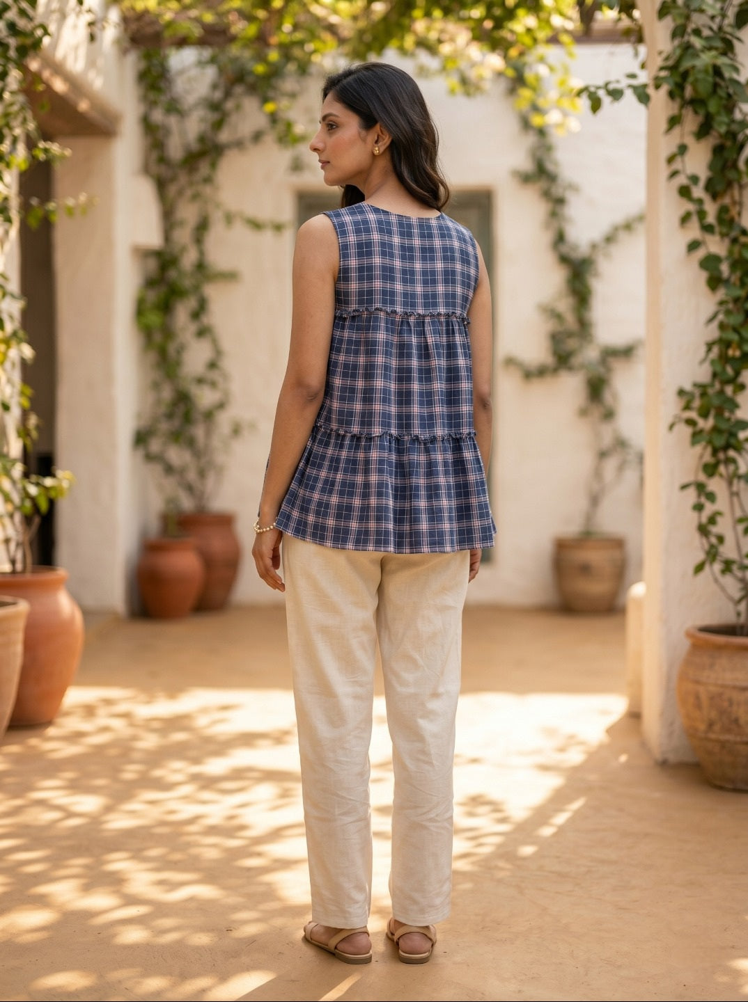Women's Premium Linen Cotton Co-Ord Set | Sleeveless Checked Summer Co-Ord Set with Relaxed Pants | Casual Chic Everyday Wear