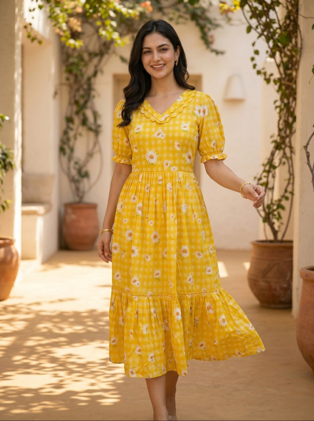 Women’s Sunshine Yellow Muslin Silk Gingham Print Floral Midi Kurta | Elegant Summer Casual Dress for Women