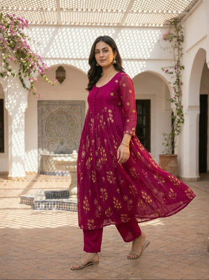 Stylish Floral Mal Chanderi Kurta Set for Women with Roman Silk Pant | Festive Designer Ethnic Wear