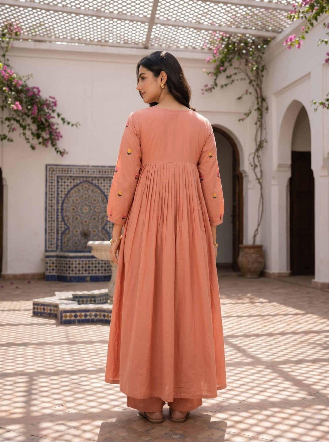 Women Pure Cotton Floral Embroidered A-Line Anarkali Kurta with Straight Pants | Summer Kurta Set