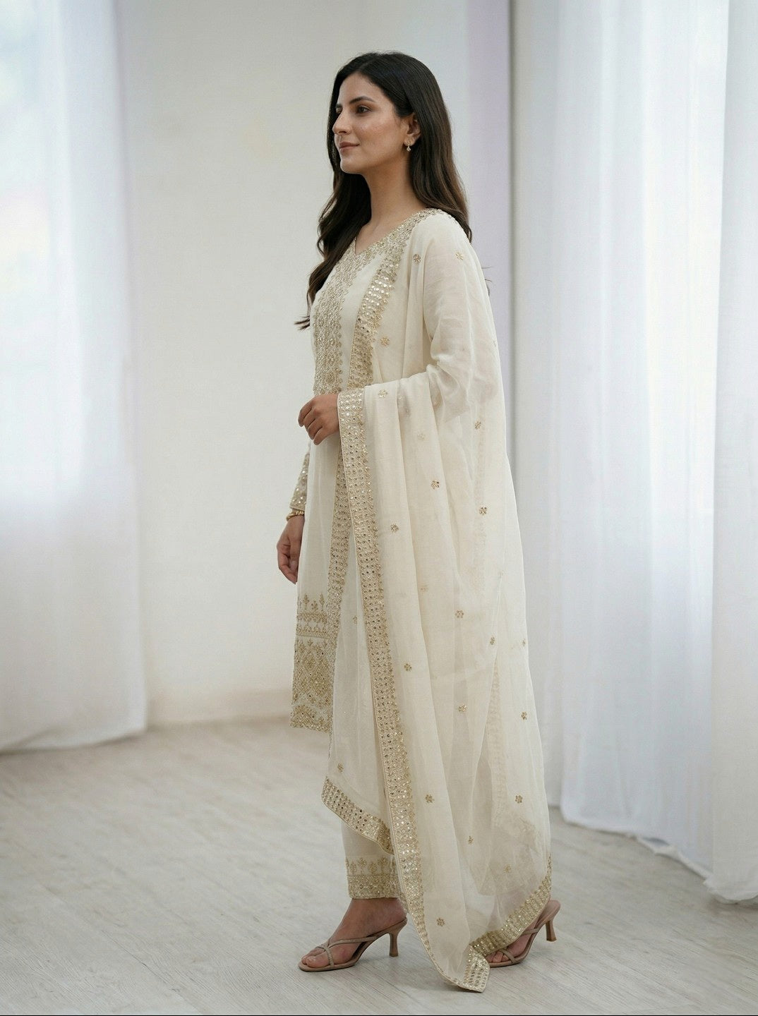 Off White Chinon Silk Embroidered Kurta Set with Dupatta | Straight Fit Ethnic Suit for Women | Festive & Party Wear
