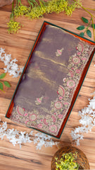 Sea Green shimmer silk Saree with Pink & Gold Floral Embroidery Border