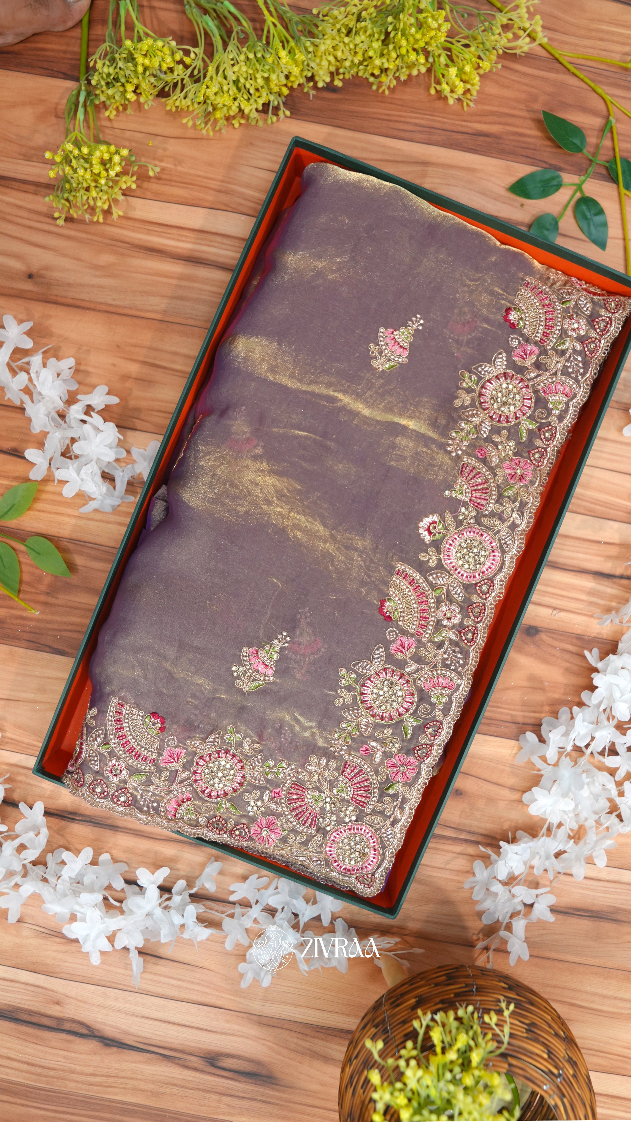 Elegant Lavender Grey Embroidered Organza Saree with Heavy Floral Zari Border