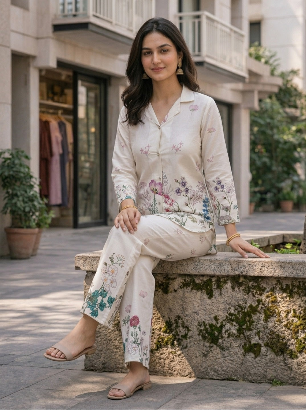 Off White Floral Printed Co-ord Set for Women | Rayon Slub Shirt & Pant Set | Casual Elegant Two Piece Outfit