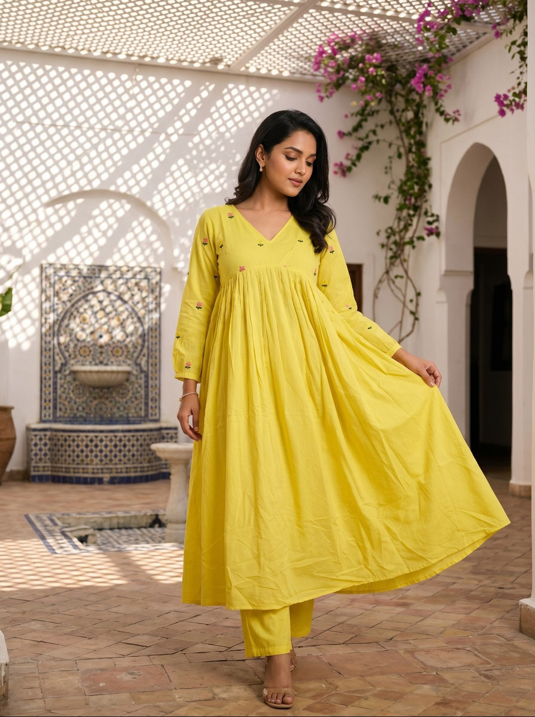 Women Pure Cotton Floral Embroidered A-Line Anarkali Kurta with Straight Pants | Summer Kurta Set