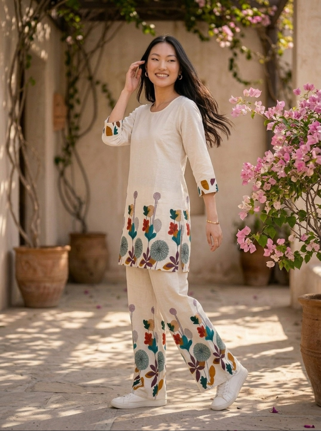Women's Off White Khadi Cotton Floral Printed Co-Ord Set | Premium Comfort Fit Kurti & Palazzo Set | Elegant Casual & Summer Wear