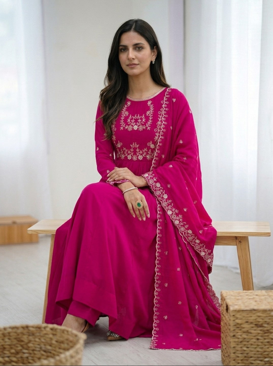 Dark Pink Anarkali Kurta Set with Dupatta & Pant | Roman Chanderi Silk Fully Flared Ethnic Wear for Women | Festive & Wedding Collection