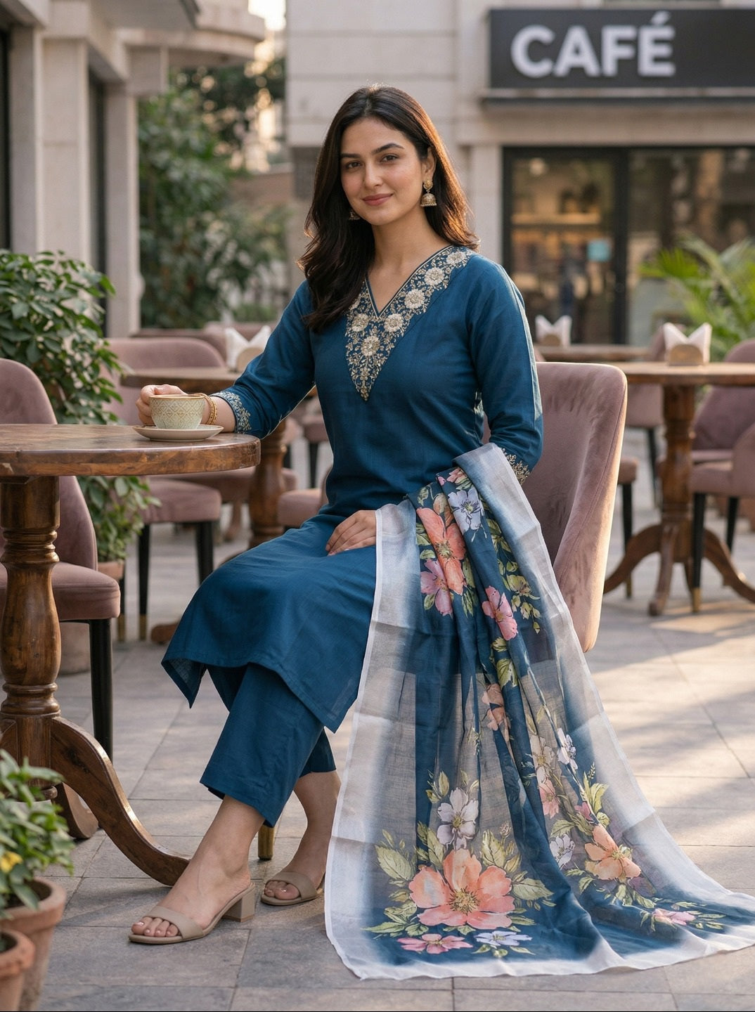 Women Rayon Slub Kurta Set with Chanderi Floral Digital Print Dupatta | Elegant Ethnic Suit Set