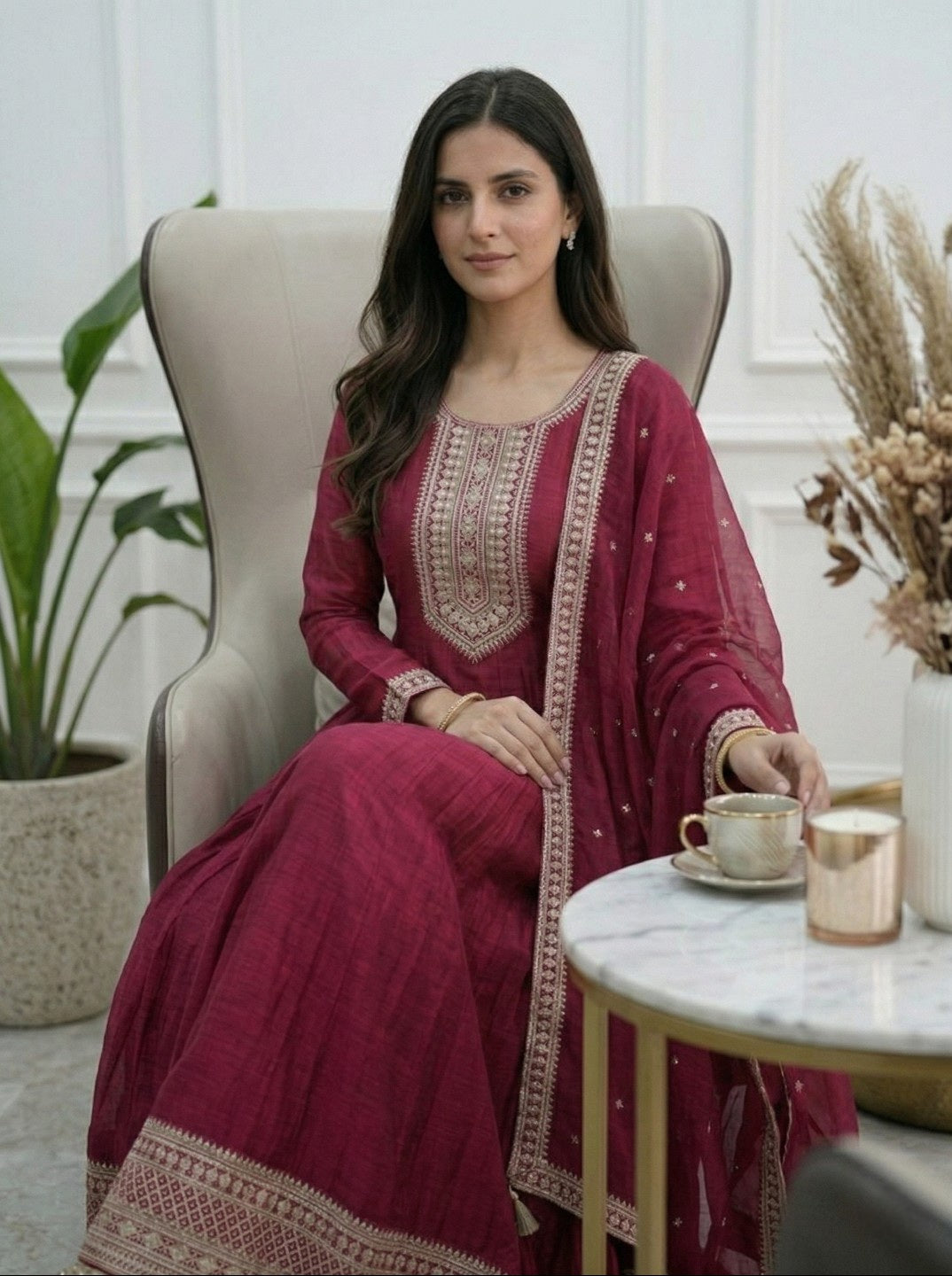 Dark Pink Pure Vichitra Silk Anarkali Kurta Set with Dupatta | Heavy Embroidered Party Wear Gown Set for Women