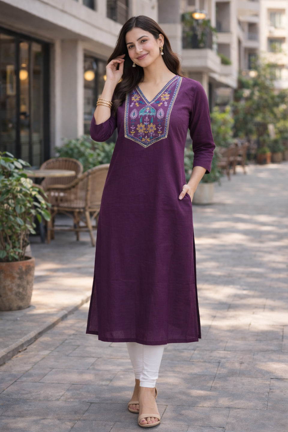 Women Purple Embroidered Straight Kurti | Stylish V-Neck Ethnic Kurta for Women | Casual Office Wear Long Kurti