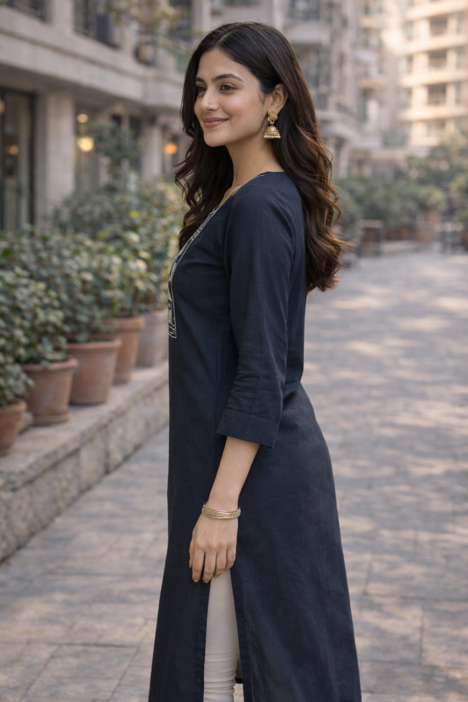 Black Embroidered Straight Kurti for Women V-Neck Style