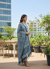 Elegant Off White & Blue Printed 3 Piece Kurta Set for Women – Straight Fit Kurta with Pant & Tassel Dupatta | Festive, Office & Casual Ethnic Wear