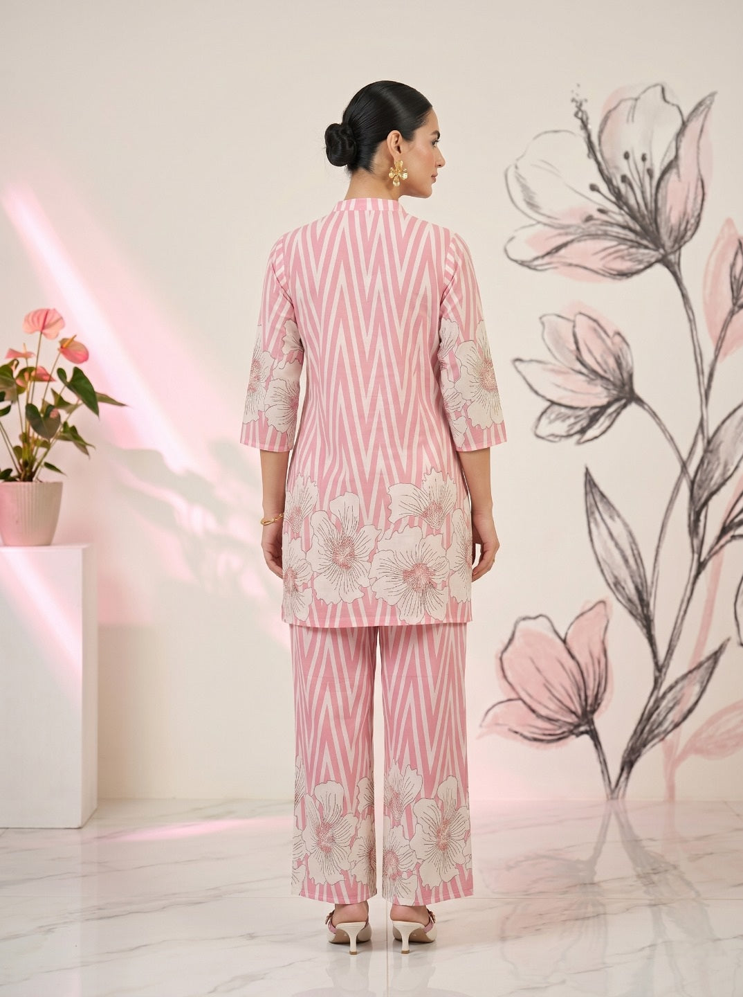 Pink Floral Cotton Co-Ord Set for Women | Striped Top & Straight Pant | Festive & Casual Wear