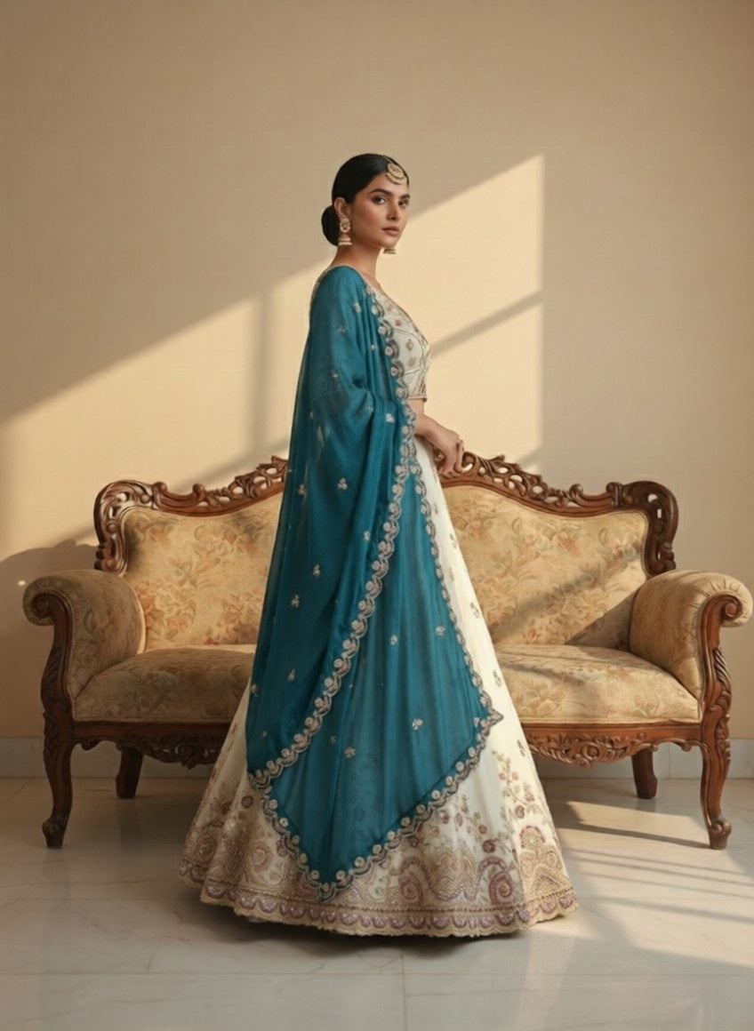Ivory Viscose Tissue Lehenga with Mustard Fendi Dupatta – Fully Stitched Designer Festive Wear