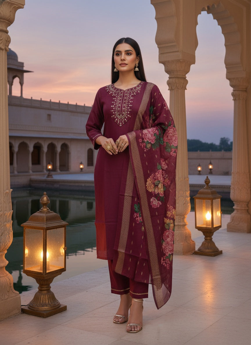 Maroon Ethnic Motifs Embroidered Straight Kurta with Trousers and Dupatta in Cotton Blend Fabric