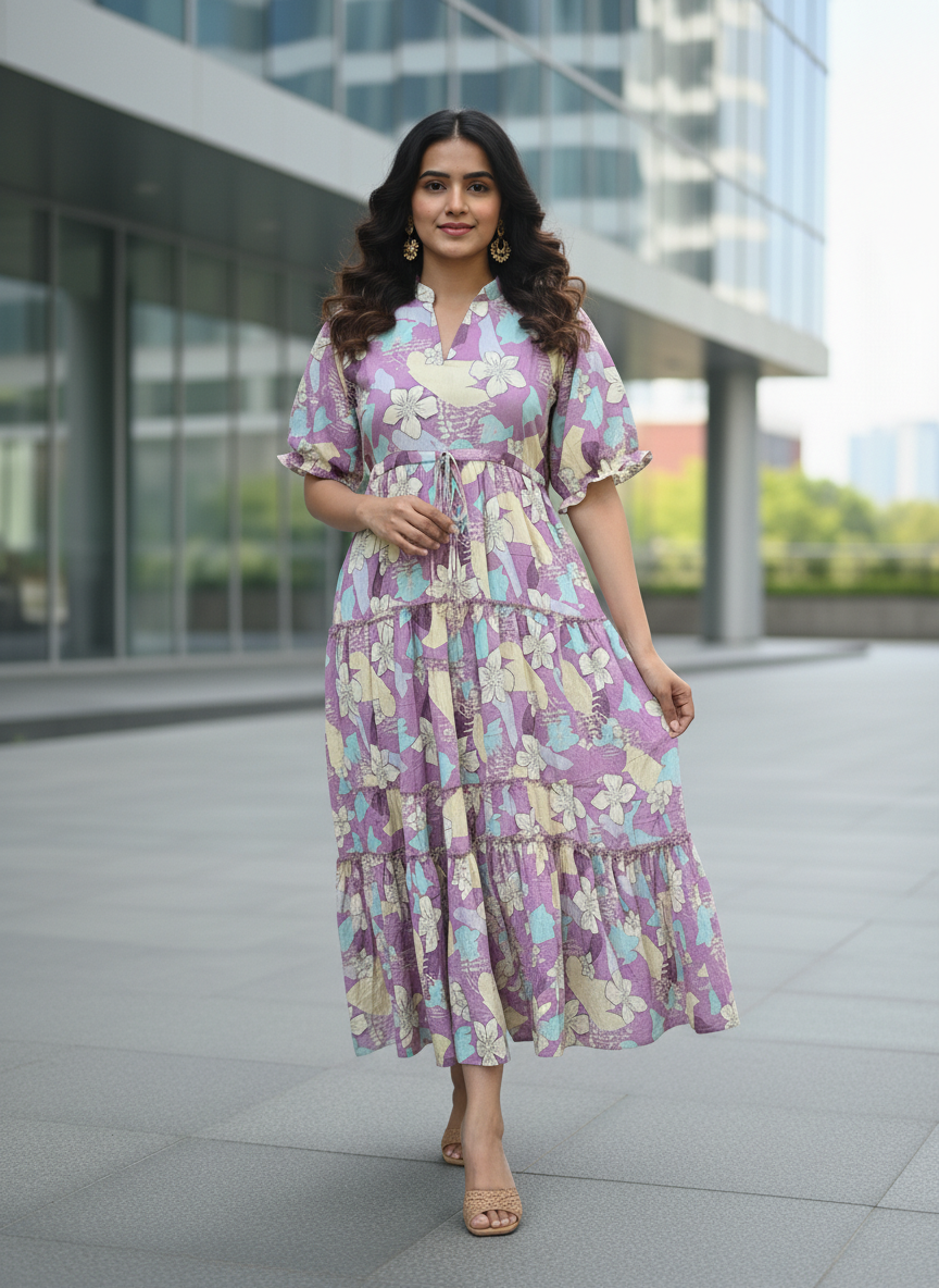 Floral Printed Tiered Kurti with Flowy Silhouette and – Comfortable Everyday Ethnic Style