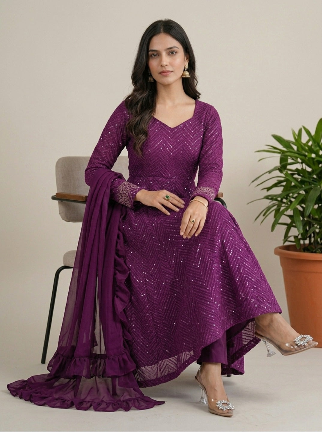 Georgette Anarkali Suit Set with Dupatta | Designer Lucknowi Embroidered Ethnic Wear