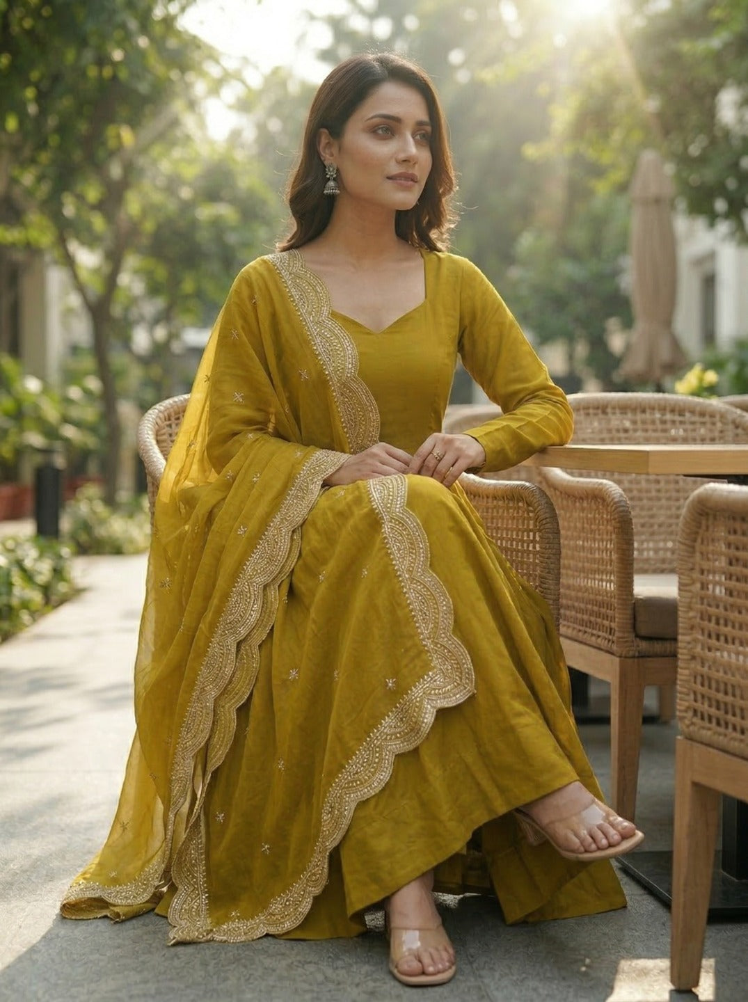 Mustard Roman Silk Chanderi Anarkali Kurta Set with Embroidered Dupatta & Pant | Fully Flared Festive Wear for Women