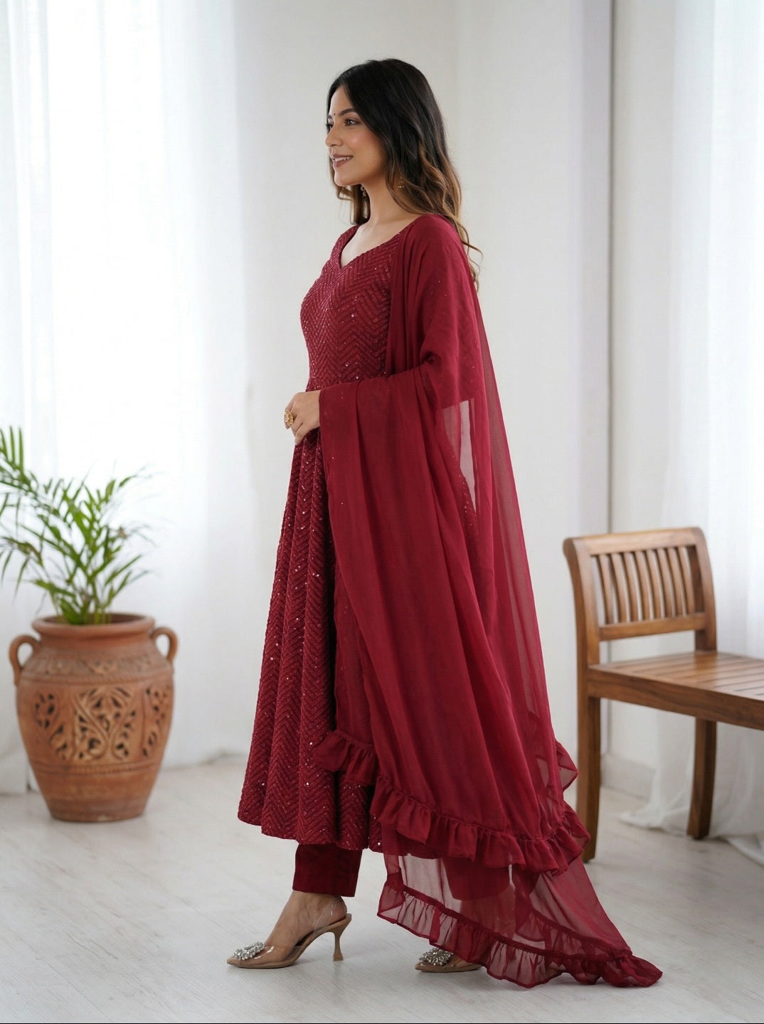 Georgette Anarkali Suit Set with Dupatta | Designer Lucknowi Embroidered Ethnic Wear