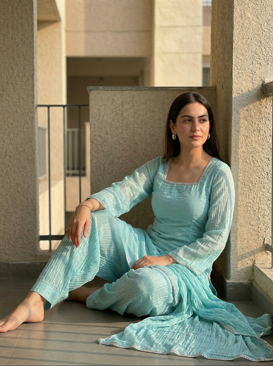 Women Crunchy Silk Kurta Set with Farshi Salwar & Dupatta | Sirovski Work Ethnic Suit